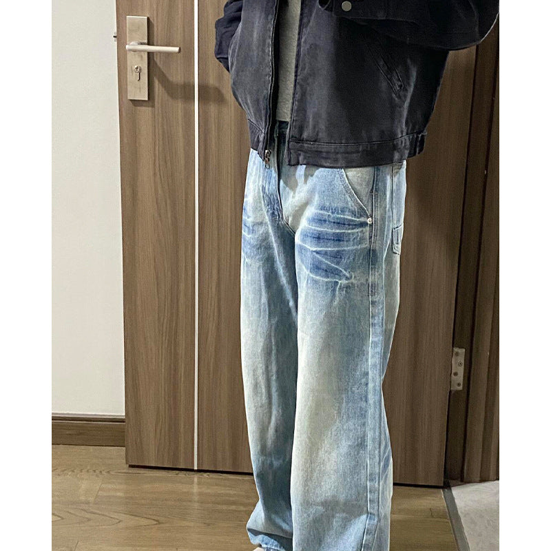 Washed Light Blue Denim Versatile Loose Straight Leg Pants