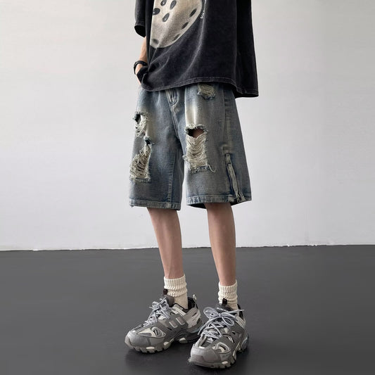 Zipper Slit Loose Straight Leg Casual Five Quarter Pants