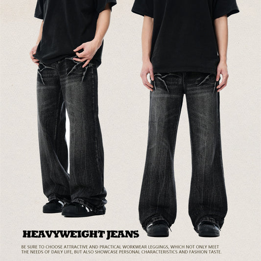 High Street Lightning Crack Washed Denim Trousers - Faded Cat Whiskers Loose Flared Jeans