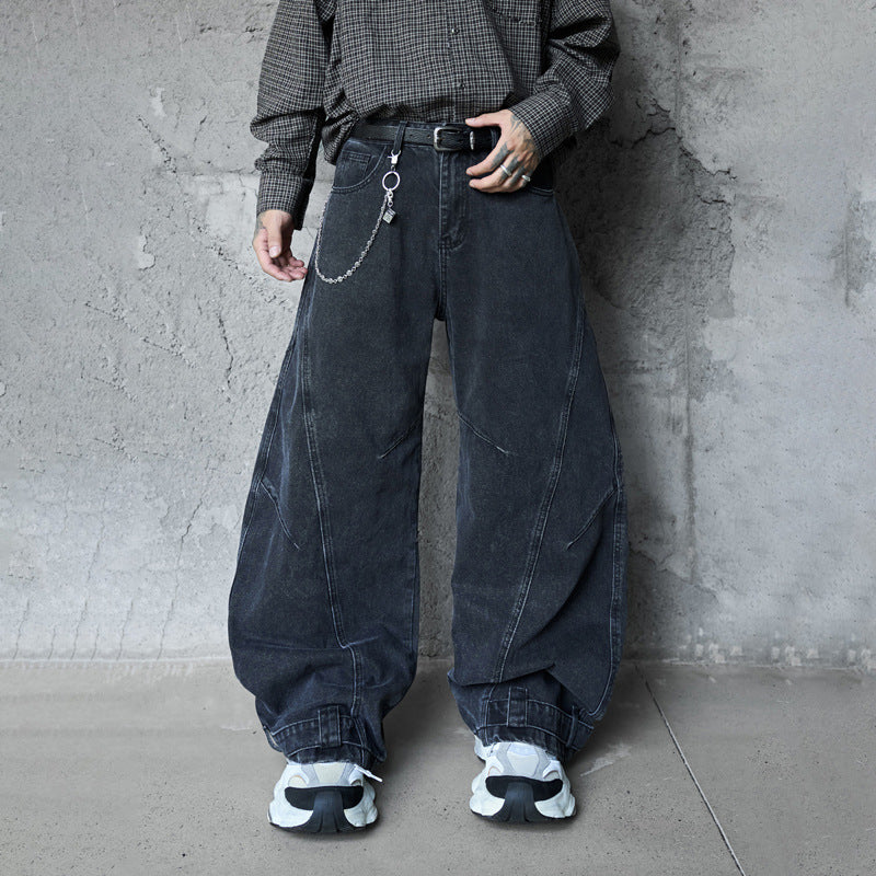 Retro Washed Deconstructed Knife-Edge Denim Pants - Unisex Black Wide Leg Pants