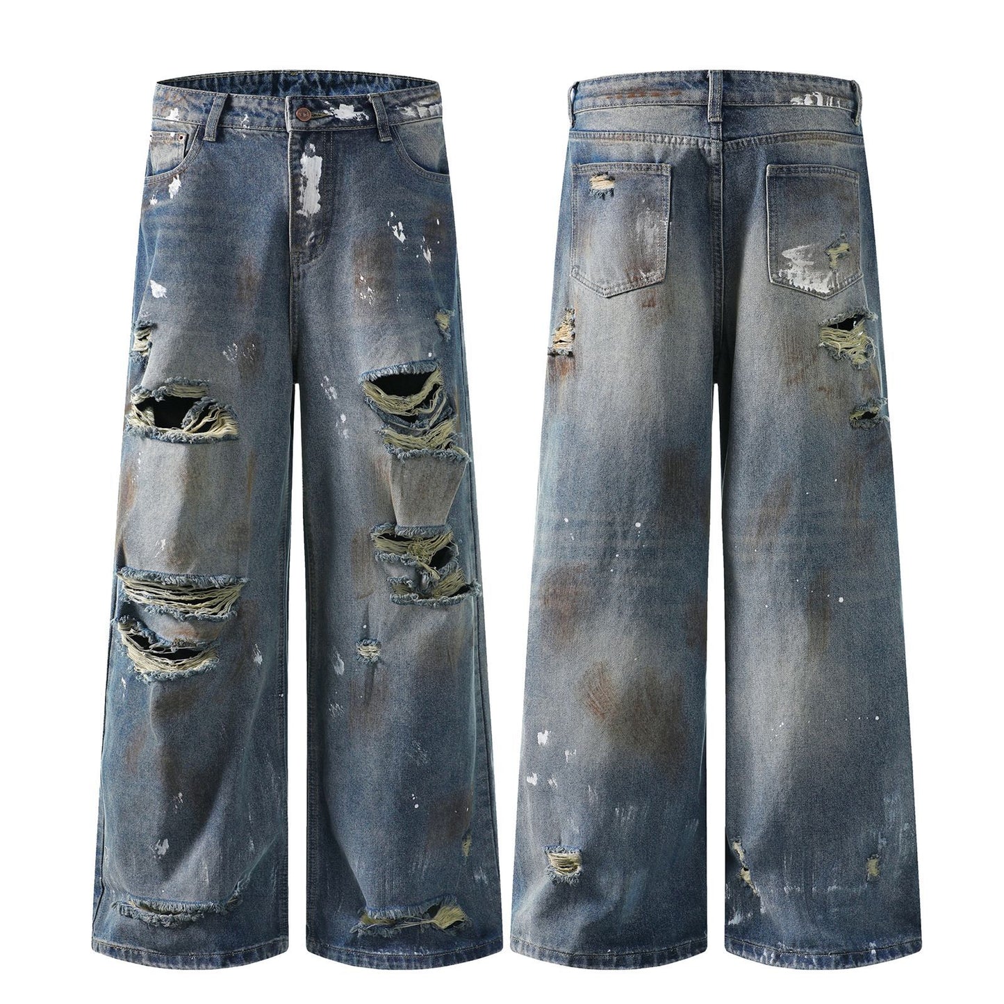 Streetwear Washed Distressed Mud-Dyed Denim Pants - Unisex Loose Casual Trousers