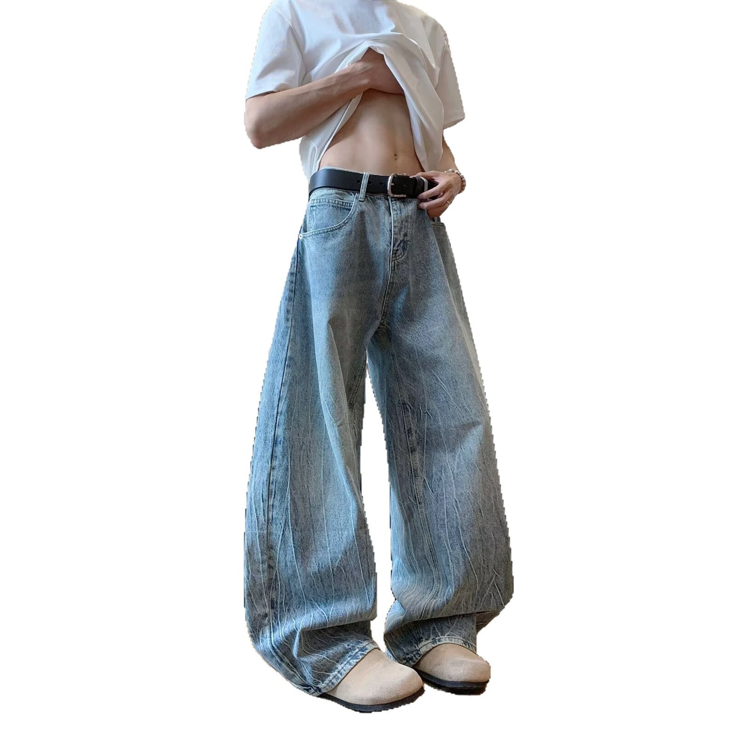 Washed Curved Knife Denim Casual Wide Leg Banana Pants