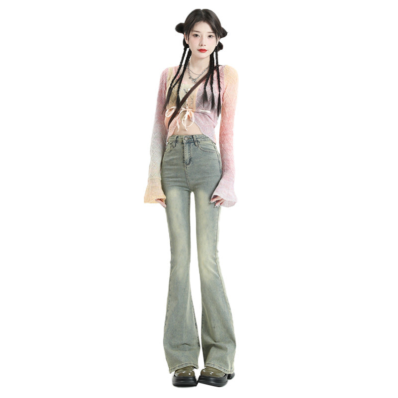 Flared Denim Pants for Women - Mud Yellow Color - High Waist & Elastic