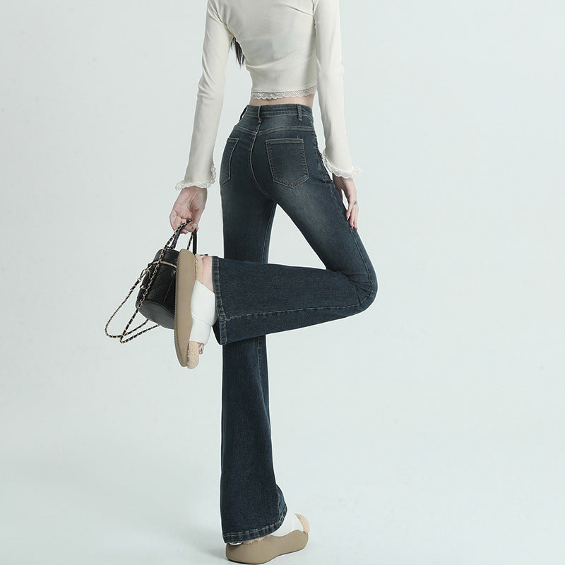 Women's Retro Orange Satin Flare Jeans with Multi-Pocket Design