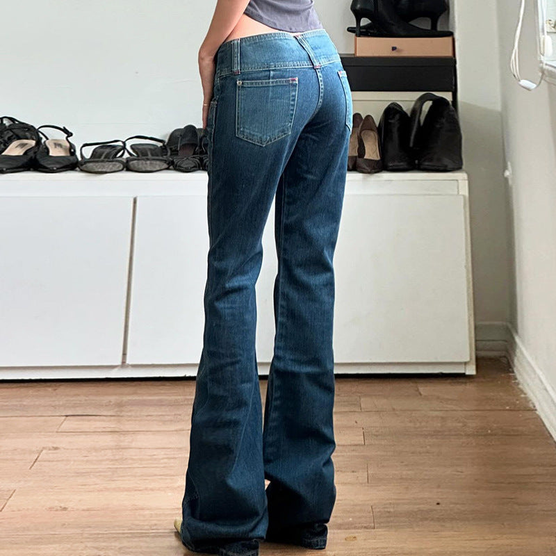 Wide Waisted Buckle Slim Fit Washed Denim Jeans