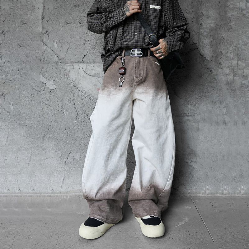 Retro Style Washed Ombre Color Knife-Edge Jeans for Men and Women