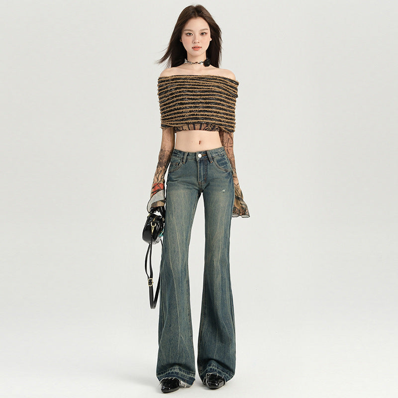 Women's Design Low Waist Flared Jeans - Versatile Floor-Length Pants