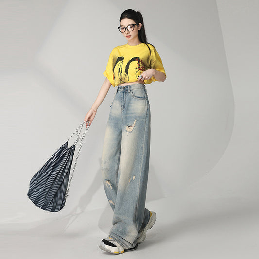 Retro Distressed Washed Ripped Jeans for Women - Loose High Waist Slim Wide Leg Floor-Length Pants