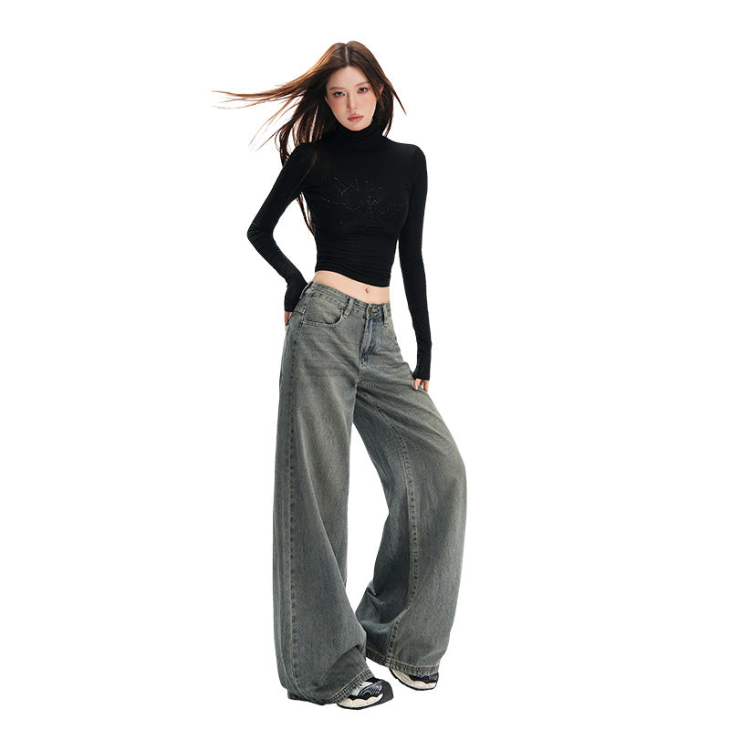 Women's Wide-Leg Pants - Loose Fit High-Waist Trousers with Vintage Wash