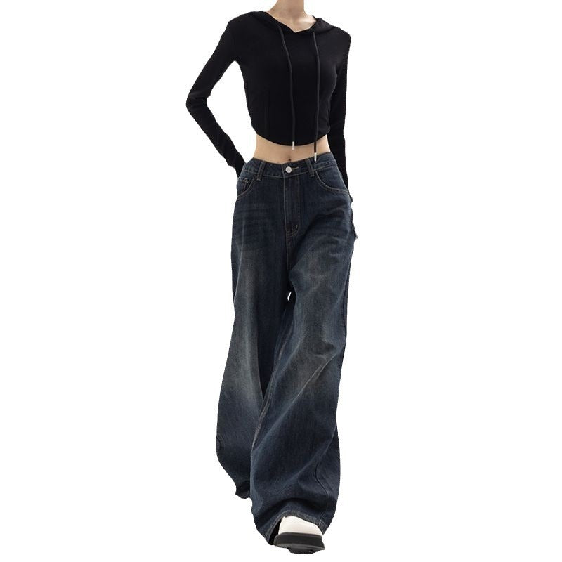 Retro Street Style Wide-Leg Pants - Unique Blue High-Waist Denim Trousers for Women