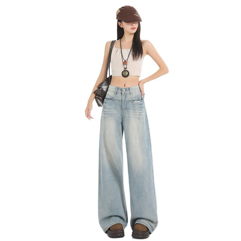 High Street Design Light Blue Wide Leg Jeans for Women - Retro Straight Loose Drape Pants
