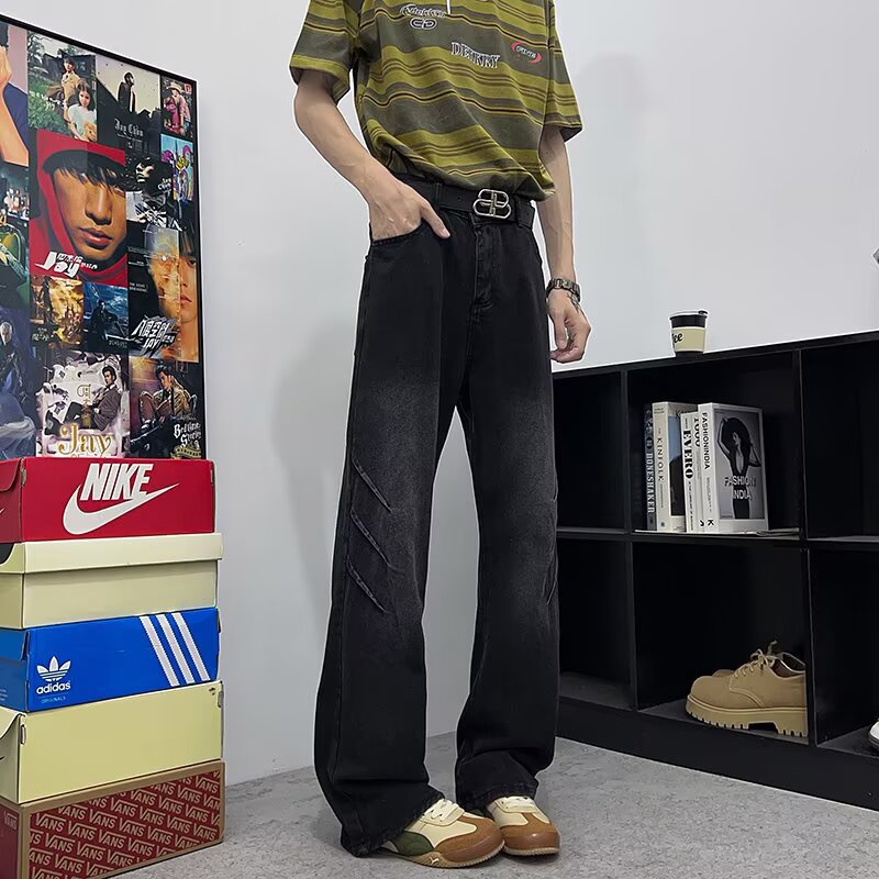 Retro Blue Washed Pleated Gradient Curved Knife Jeans