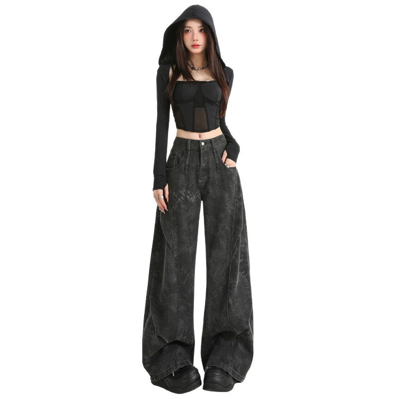 Black Gray Wide-Leg Jeans for Women - High-Waist Straight Loose Design with Unique Print
