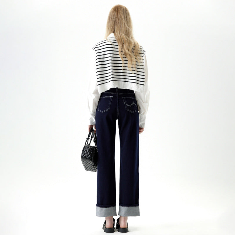 Women's Blue Wide-leg High-waisted Slimming Straight Leg Nine-point Jeans