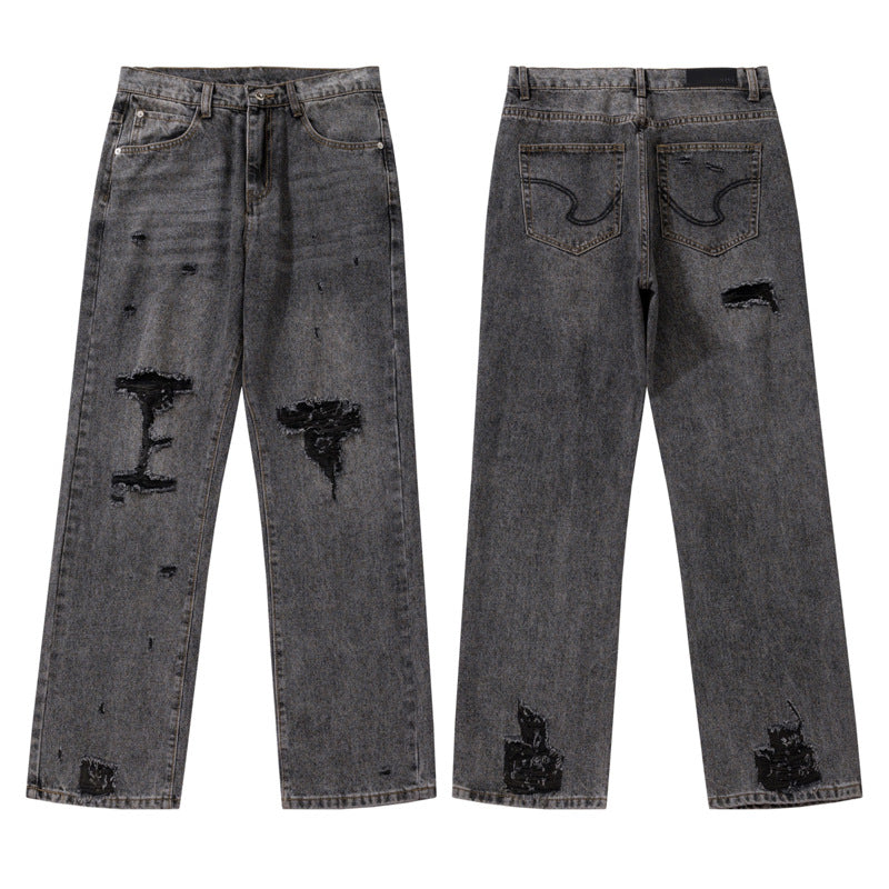 Water-Washed Black and Gray Distressed Knife-Cut Denim Pants for Unisex