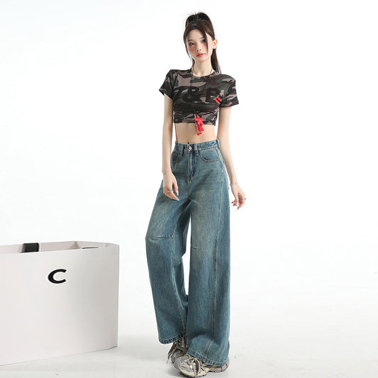 Vintage Blue High Street Loose Wide Leg Jeans for Women - Unique Patchwork Design