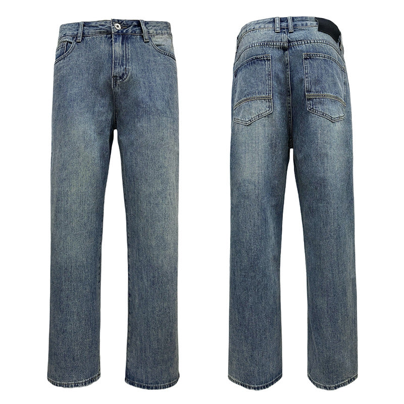 Street Style Washed Blue Wide-leg Straight Jeans for Men and Women