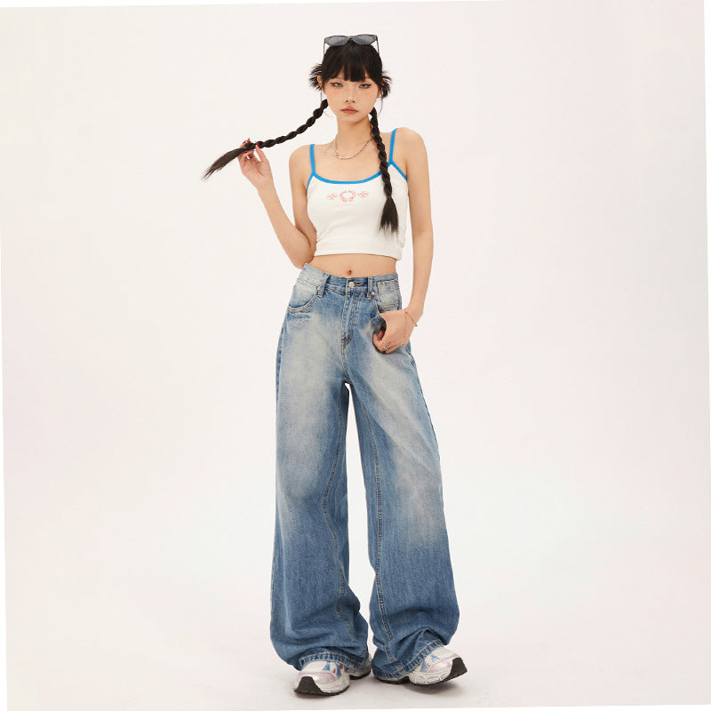 Women's Washed High-Waist Loose Extra-Long Wide-Leg Pants