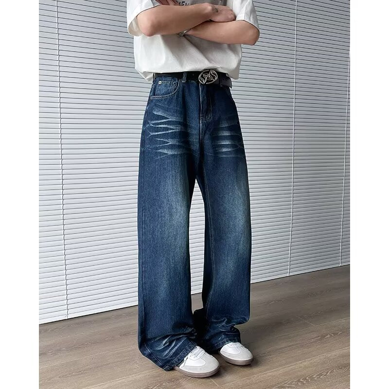 Retro Semi Elastic Waist Casual Loose Straight Leg Wide Leg Pants