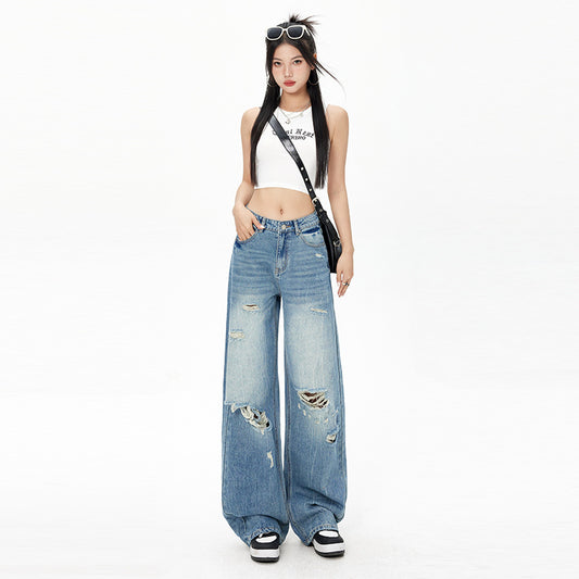 Vintage Destroyed Loose Denim Pants for Women - Wide Leg Floor Length Trousers