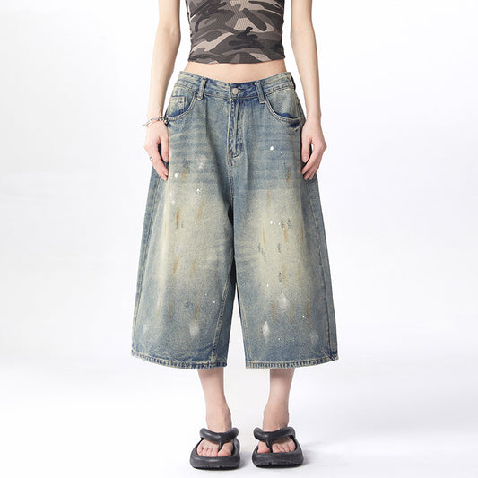 Splatter Washed Denim Pants for Women - Loose Casual Wide Leg Crop Pants