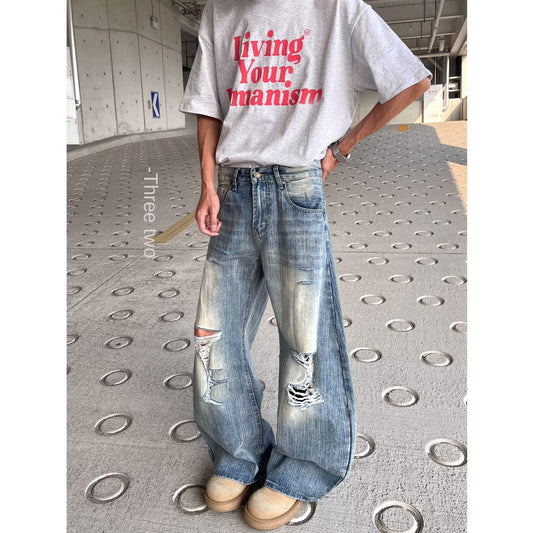 Broken Hole Distressed Denim Loose Fit Wide Leg Long Pants