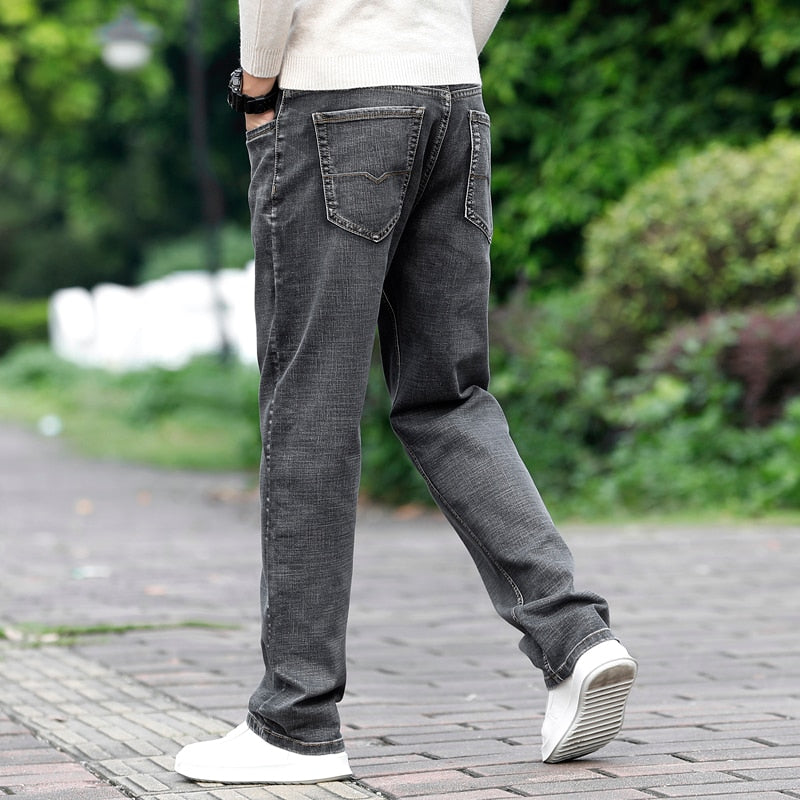 Men's Grey Casual Stretch Denim Trousers - Plus Size Business Jeans
