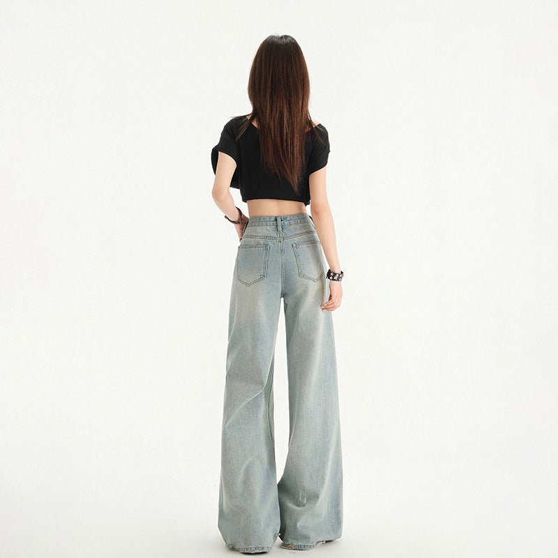 Light Blue Washed Wide-Leg Floor-Length Pants - High Street Loose Fit