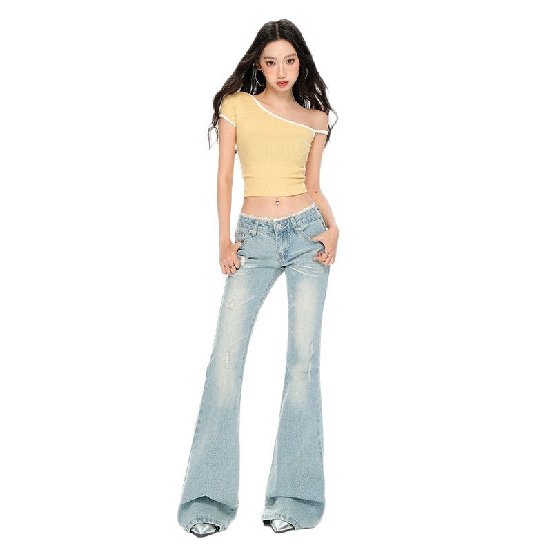 Light Blue Lace Waist Denim Pants - Low Waist Slim Straight Leg Flare Trousers