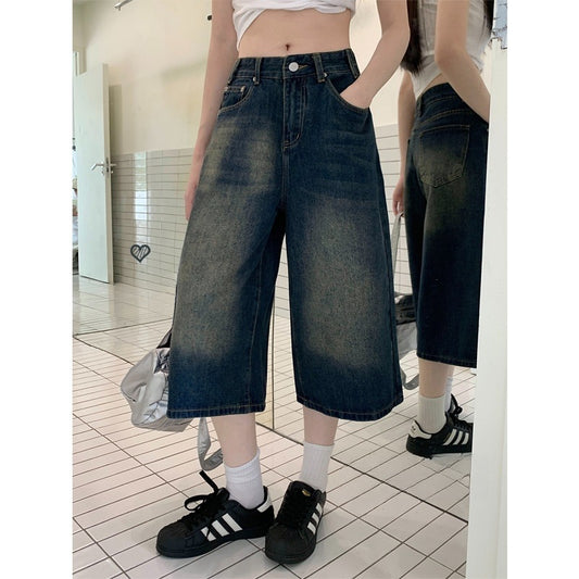 Loose Wide Leg Slimming Retro Straight Leg Mid Length Pants