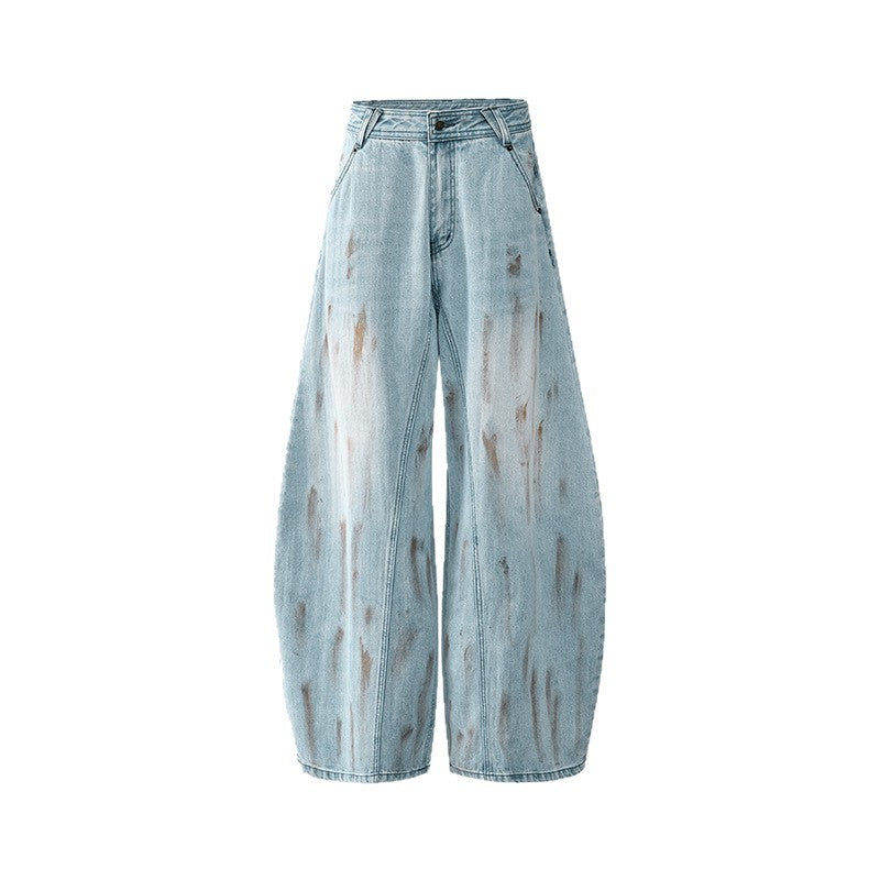Dye-Effect Knife-Edge Denim Pants - Mid-Waist Patchwork Wide-Leg Floor-Length Pants
