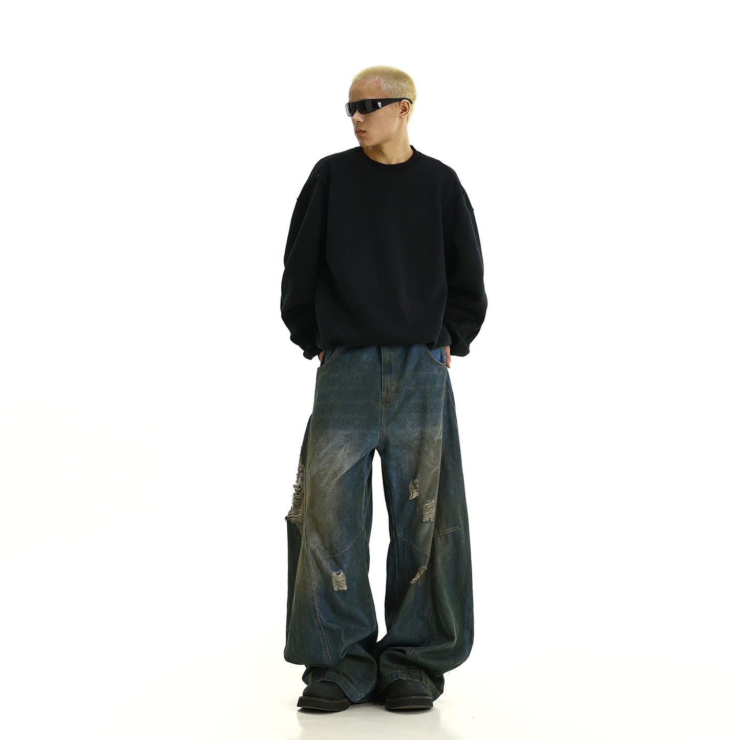 Vintage Washed Distressed Jeans with Holes and Stains