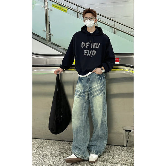 Lightning Patterned Washed Retro Straight Leg Casual Pants