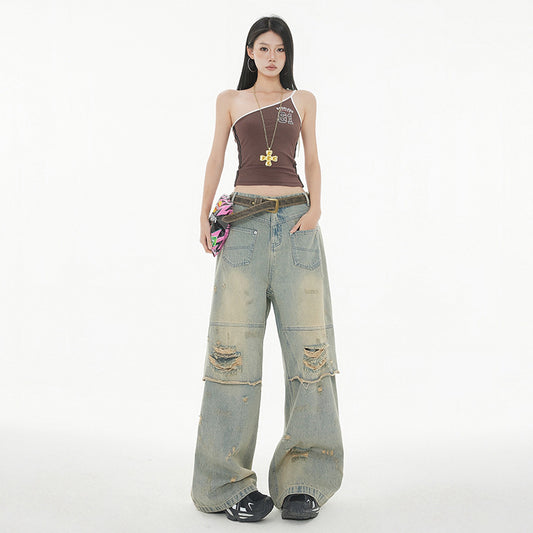 Women's Distressed Slim Floor-Length Wide-Leg Denim Pants for Summer Workwear