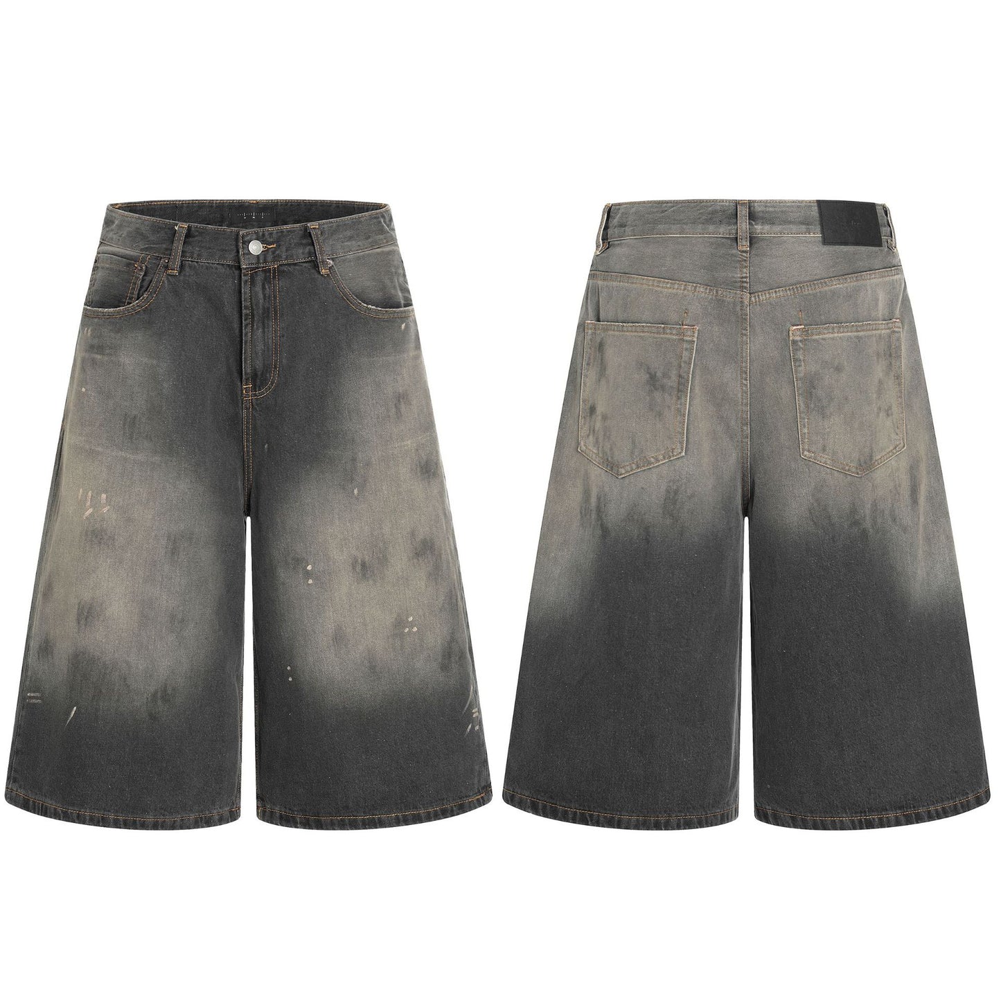 Seven-Quarter Denim Shorts with Faded Ink Splatter - Trendy Wide-Leg Fit