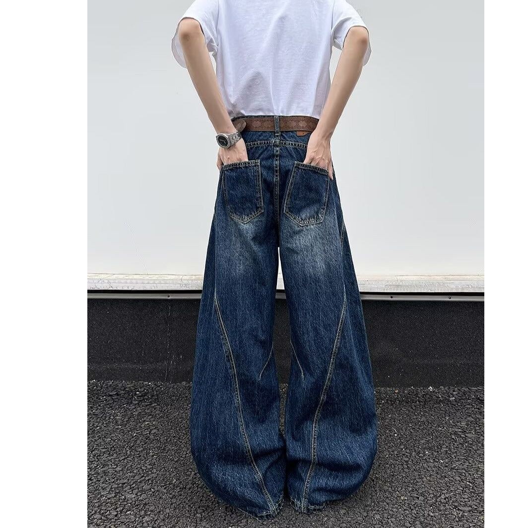 Deep Blue Wide Leg Ripped Denim Micro Flared Knife Pants