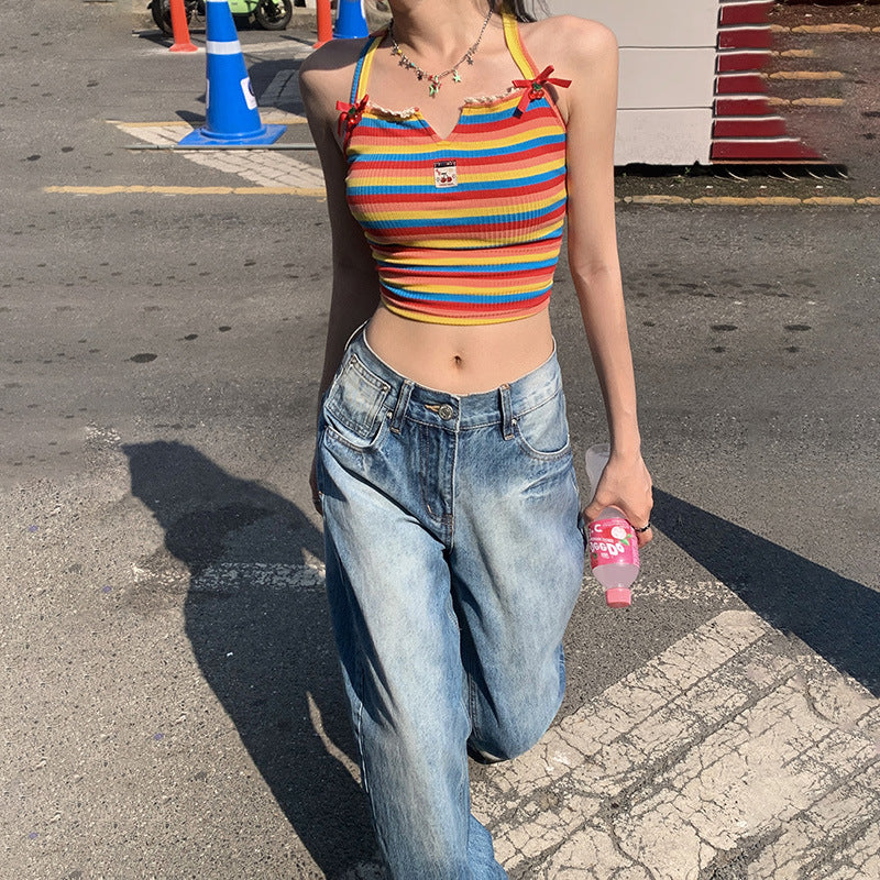 Women's Cracked Wash Blue Loose Vintage Straight Floor-Length Pants