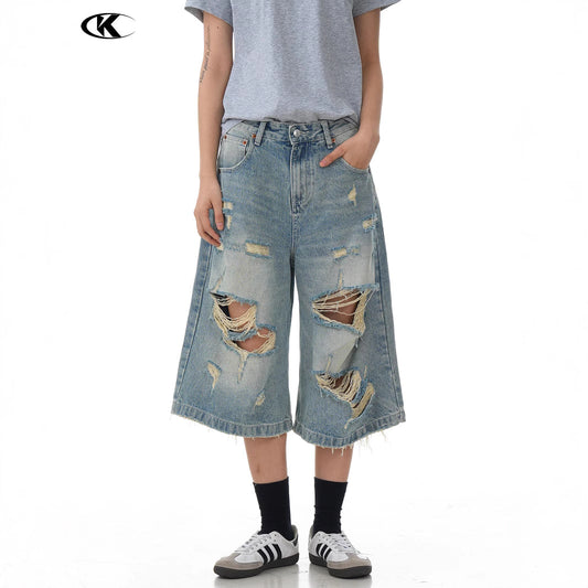Design Seven-Quarter Denim Pants - Washed Loose Straight Trendy Shorts