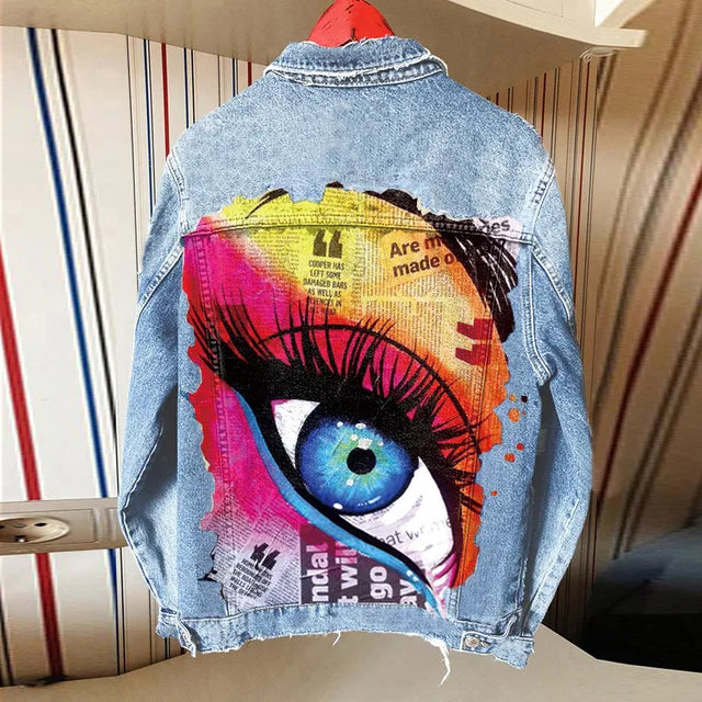 Women's Autumn Street Style Lapel Denim Jacket with Print Pattern
