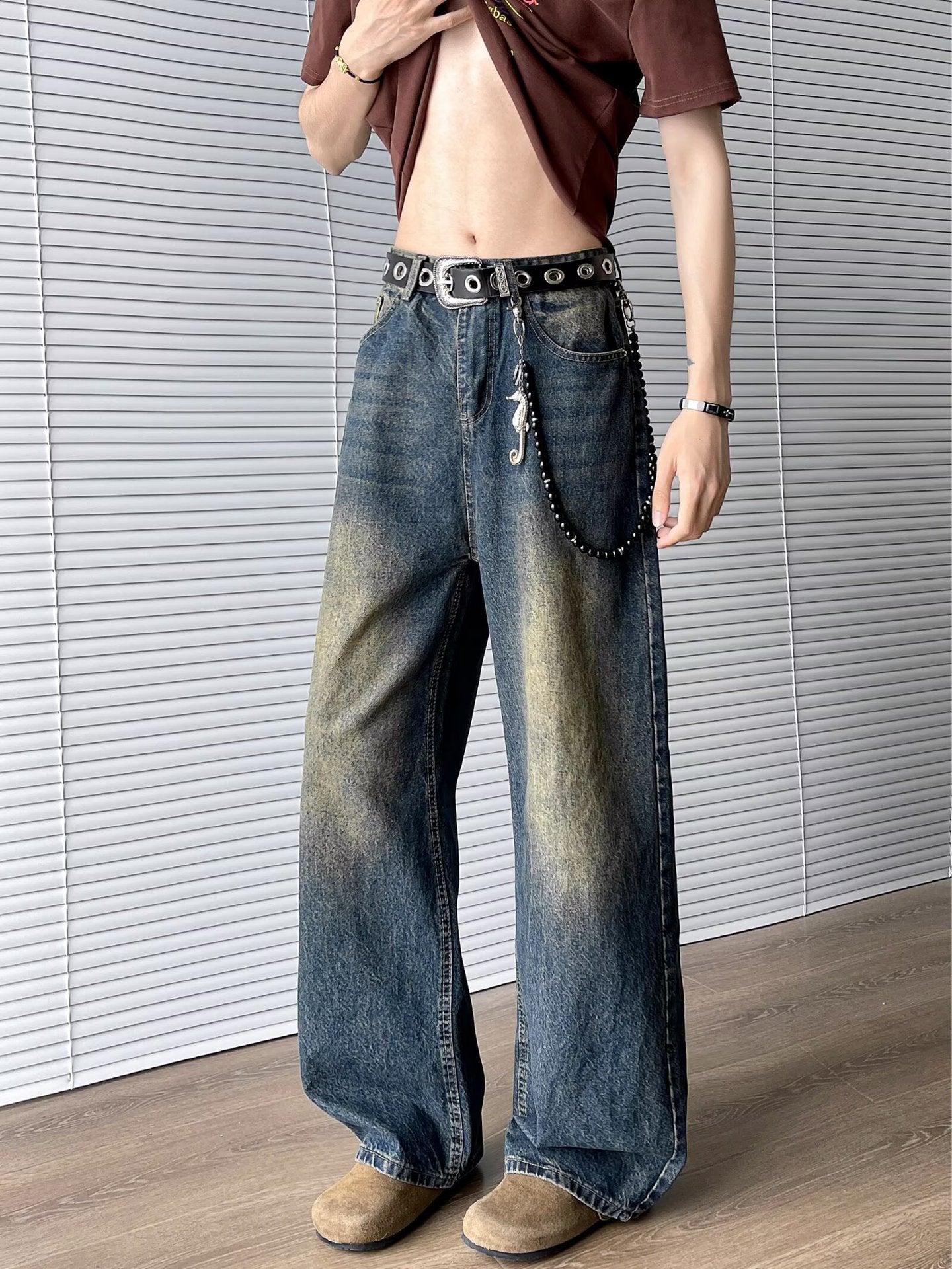 Washed Curved Knife Denim Straight Leg Slightly Flared Wide Leg Pants