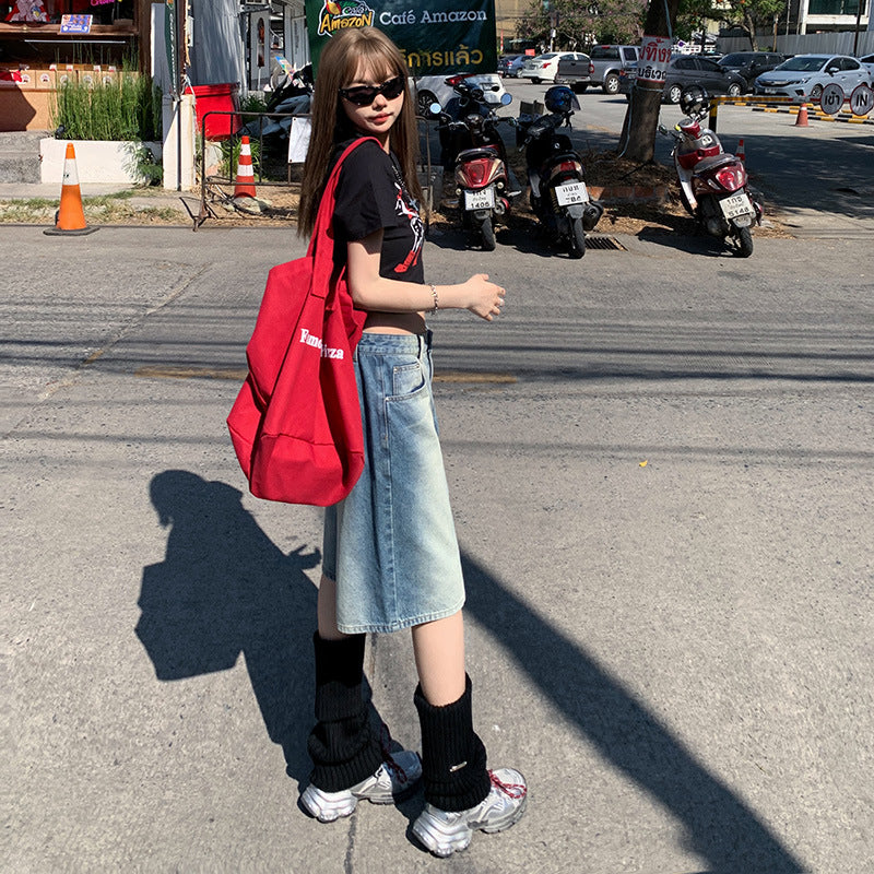 Women's Washed Straight Denim Shorts - Loose Slimming Gradient Color Five-Point Pants