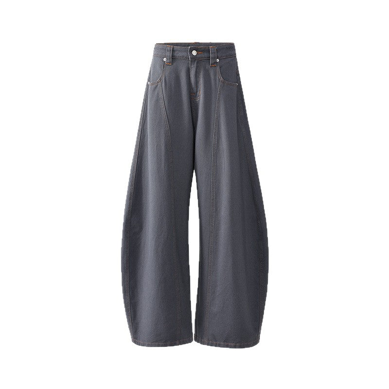 Women's Deep Gray Loose Wide-Leg Work Pants with Splicing and Knife-Edge Design
