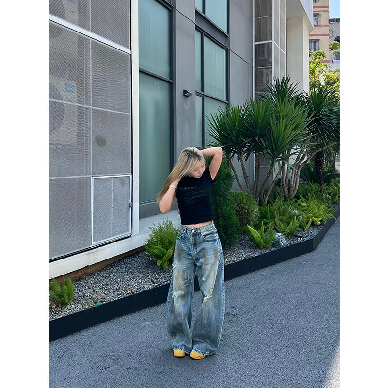 Ripped Denim Loose Straight Leg Wide Leg Curved Knife Pants