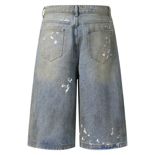 Men's Denim Blue Dirty Fit A-line Wide Leg Loose Seven-eighths Jeans