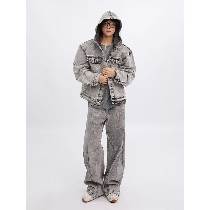 Retro Washed Distressed Deconstructed Hooded Denim Jacket for Teens