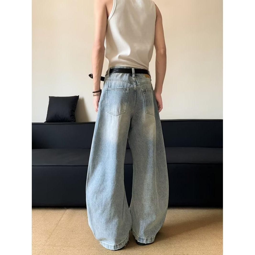 Washed Curved Knife Denim Loose Straight Leg Casual Pants