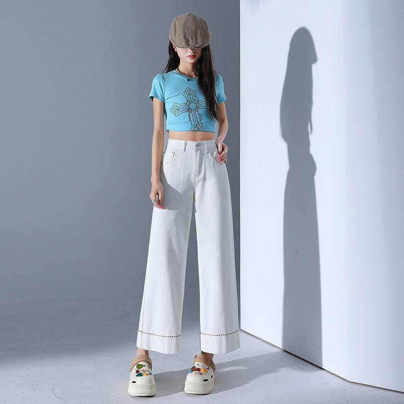 Light Blue Casual Wide-Leg Jeans for Women - High-Waist Slimming Nine-Point Straight Leg Pants