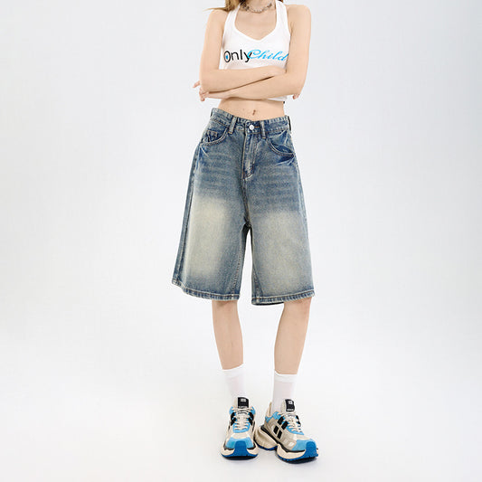 Women's Retro Denim Shorts - High Waist Slim Straight Leg Capri