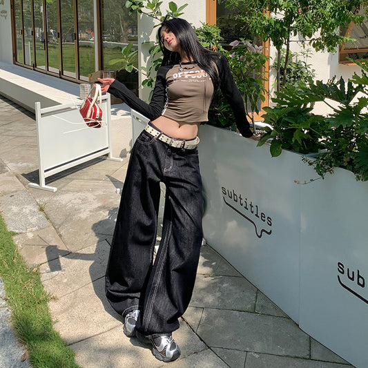 Heart Print Wide Leg Jeans - Women's High Waist Casual Pants