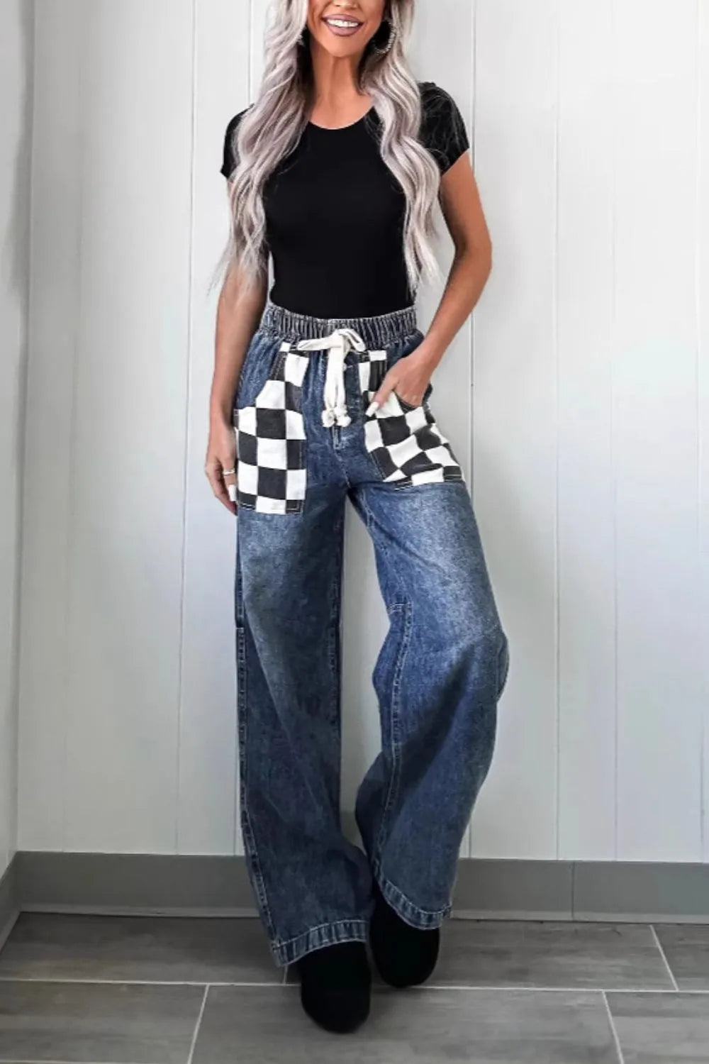 Premium Checkered Wide Leg Jeans - Japanese Denim
